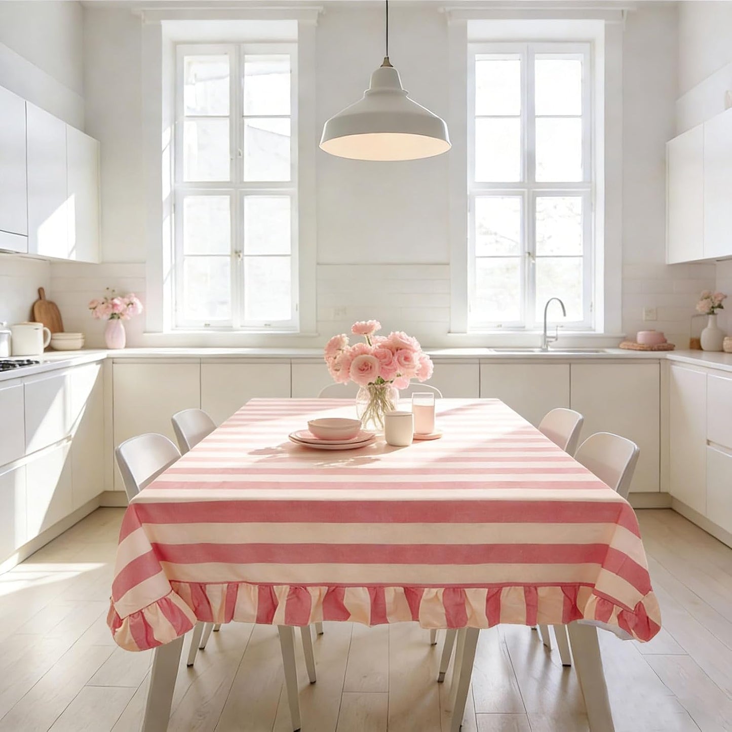 JarThenaAMCS Ruffle Tablecloth Cotton Table Cloth Boho Pink Beige Striped Decorative Rectangle Table Cover for Baby Shower Home Kitchen Party Wedding Decor, 55 x 70 Inch (Includes Ruffled Edges)