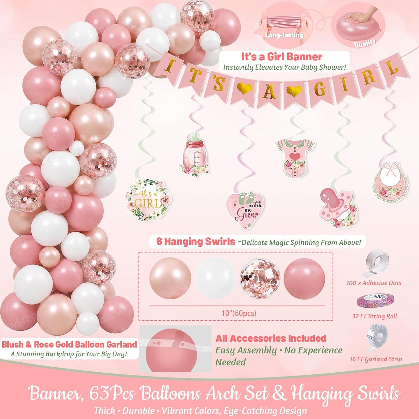 Baby Shower Decorations for Girl Baby Girl Pink Rose Gold Baby Shower Decoration Kit Floral Gender Reveal Party Supplies with It's a Girl Banner Backdrop Balloon Arch Tablecloth Baby Box with Letter