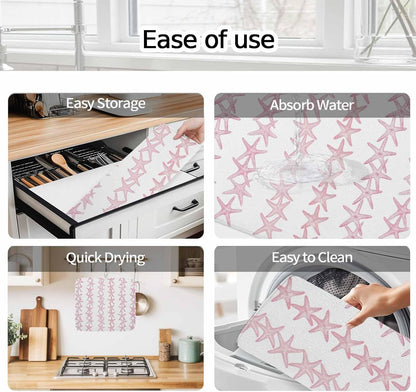 Light Pink Starfish Coastal Dish Drying Mat for Kitchen Counter, Microfiber Dishes Drainer Mat Rack Pad, Nautical Summer Ocean Modern Absorbent Dish Bottle Drying Mats, 18''x24'', 2 Pack