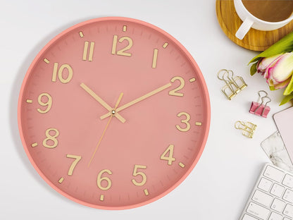 Lumuasky Wall Clock Pink Modern 12 Inch Battery Operated Silent Non-Ticking Decorative Clock for Living Room Bedroom Office Kitchen School Classroom Nursery Decor, 3D Numbers Easy to Read