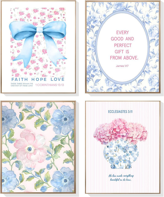EVER-GOING TUNE Coquette Floral Bible Verses Wall Art Posters Set of 4,Inspirational Scripture Aesthetic, Blue Bow & pink Watercolor Flowers Decor for Bedroom/Bathroom/Dorm 10x8 Inch (UNFRAMED)