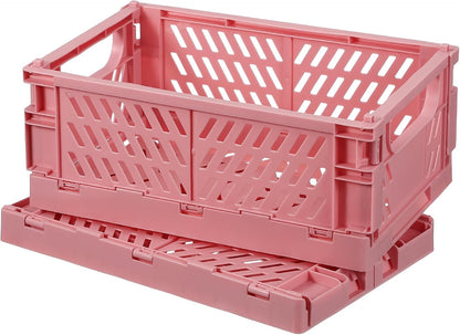 uxcell 2Pcs Small Plastic Storage Baskets, 6 x 3.9 x 2.4 Stackable Foldable Storage Bins with Handles Collapsible Crates for Home Office Shelves Closet Books Organizing, Pink