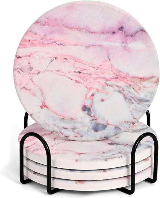 Cute Pink Marble Coasters Set of 4, 4 Inch Office Aesthetic Absorbent Drink Coasters for Women