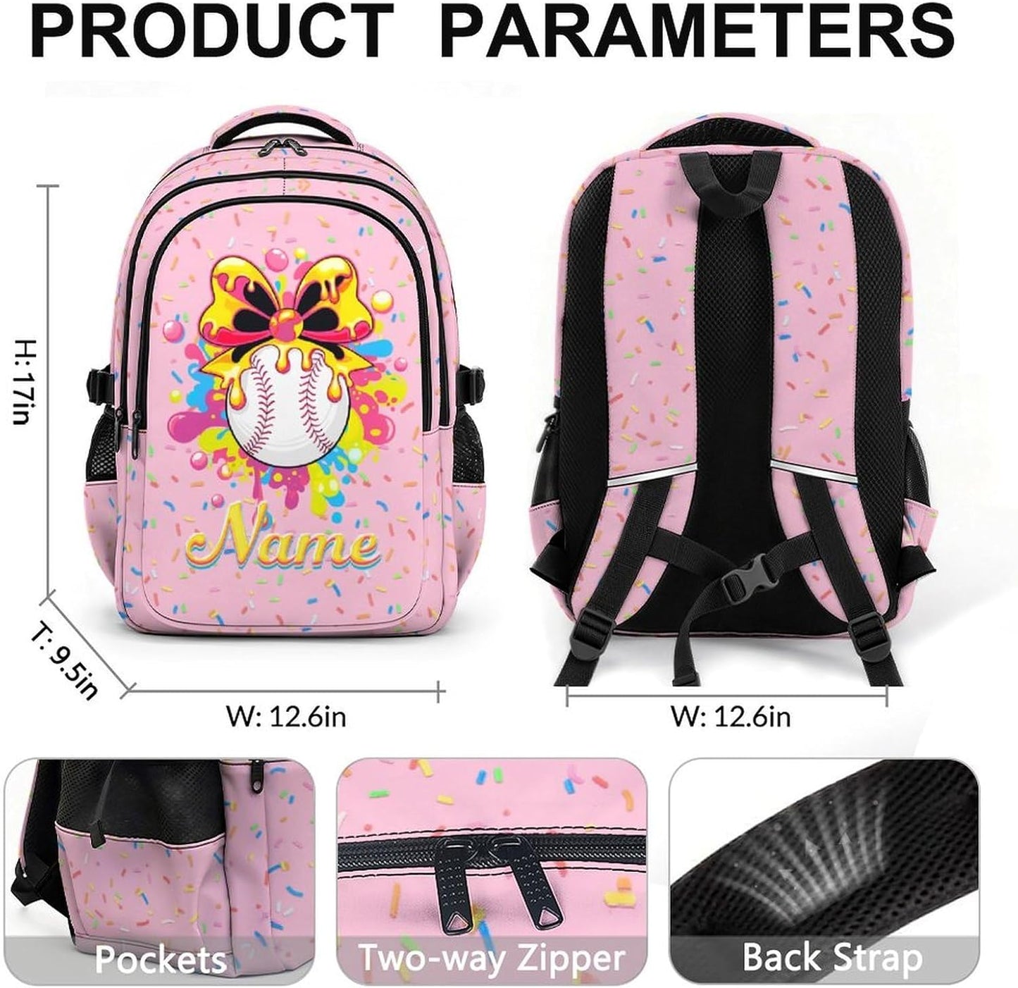 Personalized Baseball Drip Backpack for Kids Teens Custom Bookbag for Girls, Pink Baseball Backpacks for School Travel Hiking