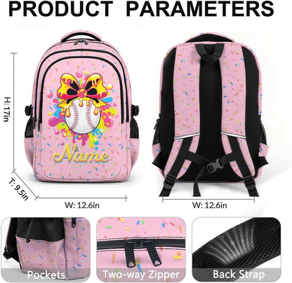 Personalized Baseball Drip Backpack for Kids Teens Custom Bookbag for Girls, Pink Baseball Backpacks for School Travel Hiking