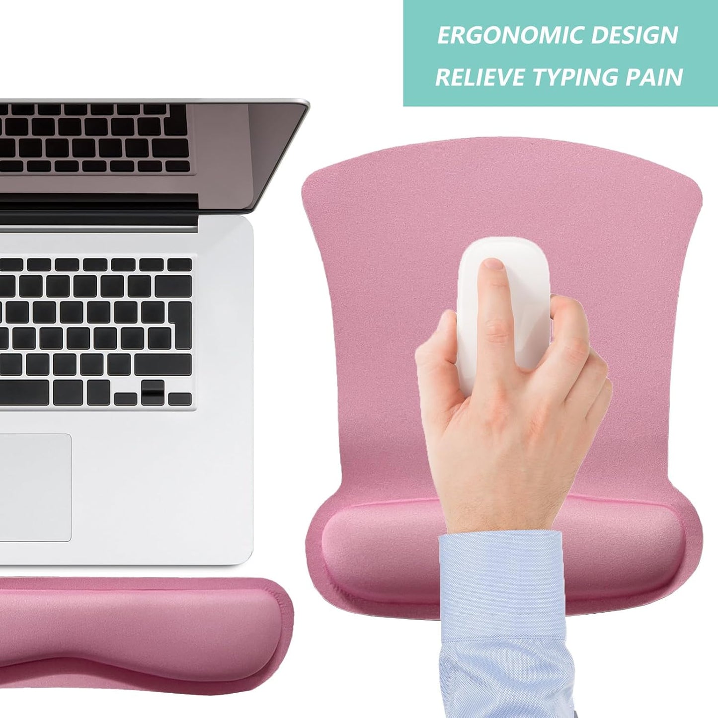 Keyboard Wrist Rest Pad Mouse Pad with Wrist Support Set of 3, Gaming Mousepad with Non-Slip Rubber Base, Ergonomic Memory Foam Mouse Cushion Support for Home Office Laptop Computer, Pink