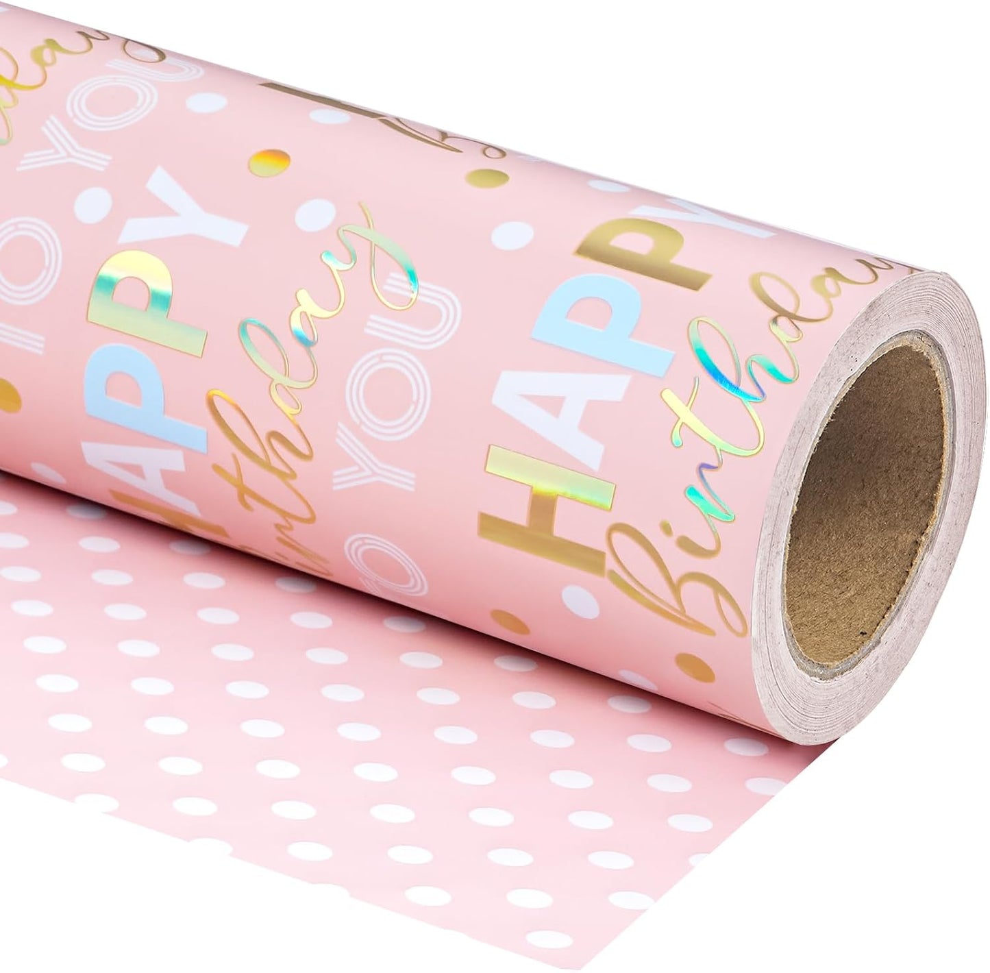 WRAPAHOLIC Reversible Birthday Wrapping Paper - Mini Roll - 17 Inch x 9.8 Feet - Rose Gold Foil and Iridescent Happy Birthday Wrapping Paper for Girls, Women, Baby Shower