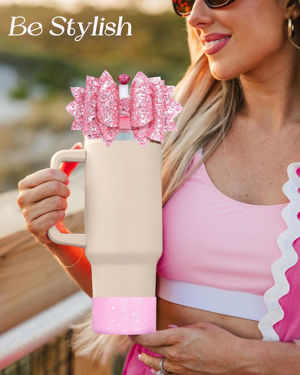 Bow Straw Topper with Cup Bootfor Stanley 40 30 oz - Bling Bow and Diamond Cover Caps with Bottom Protector 3 PCS Sets for Tumbler Accessories