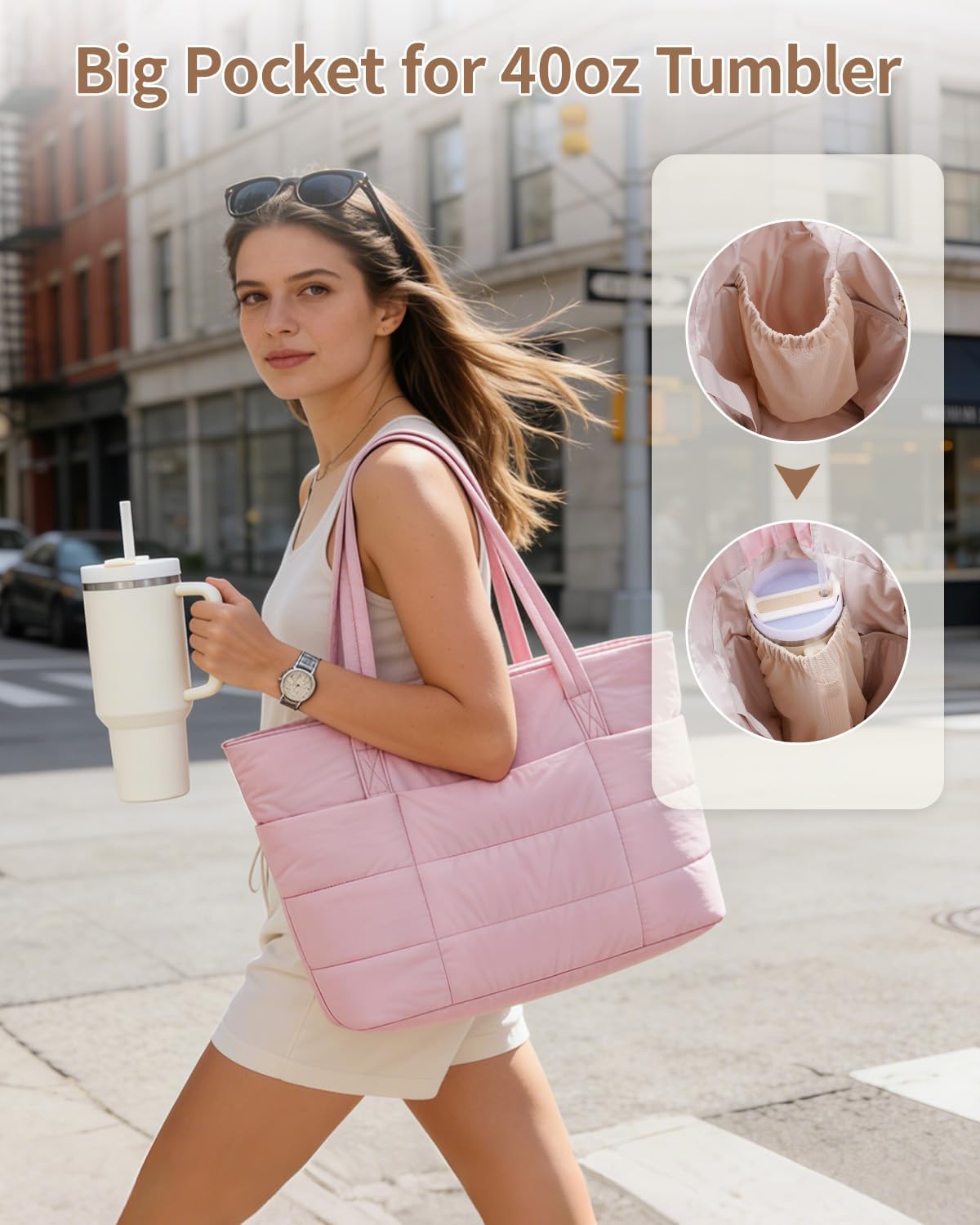 Narwey Nylon Puffer Tote Bag for Women, Puffy Work Nurse Teacher Tote Bag, Quilted Shoulder Bag for Travel, Gym, Gifts