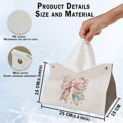 Pink Bows Tissue Box Cover Rectangle, Snowflake Winter Holiday Decor Tissue Box Holder Organizer, Bow Decor for Bathroom Kitchen Car, Farmhouse Christian Gifts for Women Girls 9.8x5.9x5.9