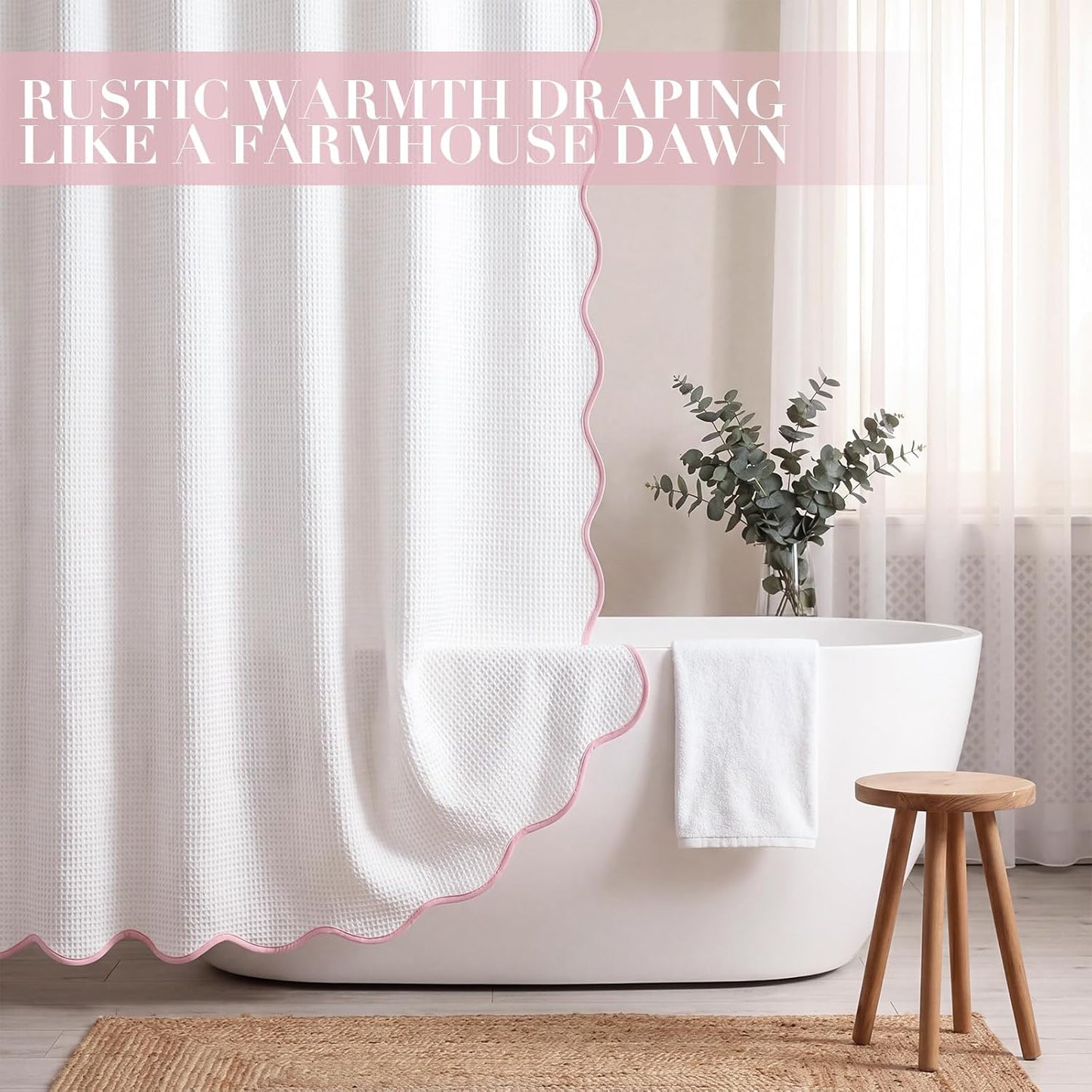 Scalloped Waffle Shower Curtain with 12 Metal Hooks Thick Weighted Fabric Wrinkle and Rust Resistant Heavy Duty Long Curtains for Bathroom Showers Bath Tubs Machine Wash, 72x72 in (Pink)
