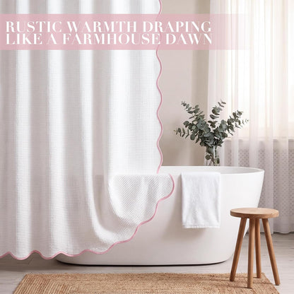 Scalloped Waffle Shower Curtain with 12 Metal Hooks Thick Weighted Fabric Wrinkle and Rust Resistant Heavy Duty Long Curtains for Bathroom Showers Bath Tubs Machine Wash, 72x72 in (Pink)