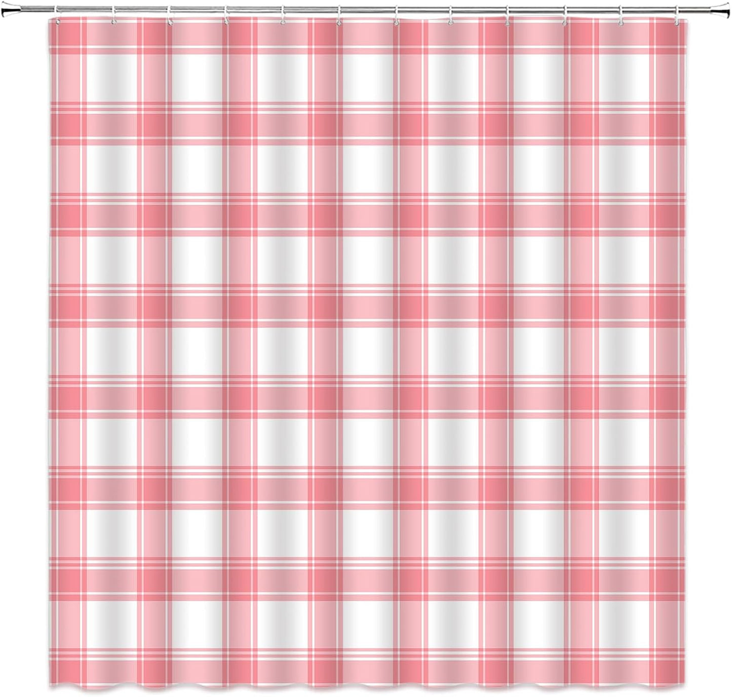 Pink Plaid Shower Curtain Checkered Geometric Buffalo Check Rustic Farmhouse Fabric Bathroom Decor(72''Wx72''L)