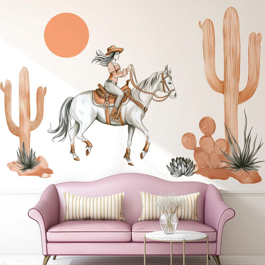 Cowgirl Horse Wall Decals Peel and Stick - Boho Cactus Sun Western Girl Riding Horse Vinyl Sticker Mural for Kids Room, Nursery, Bedroom - Desert Safari Animal Theme Removable Wall Art Mural