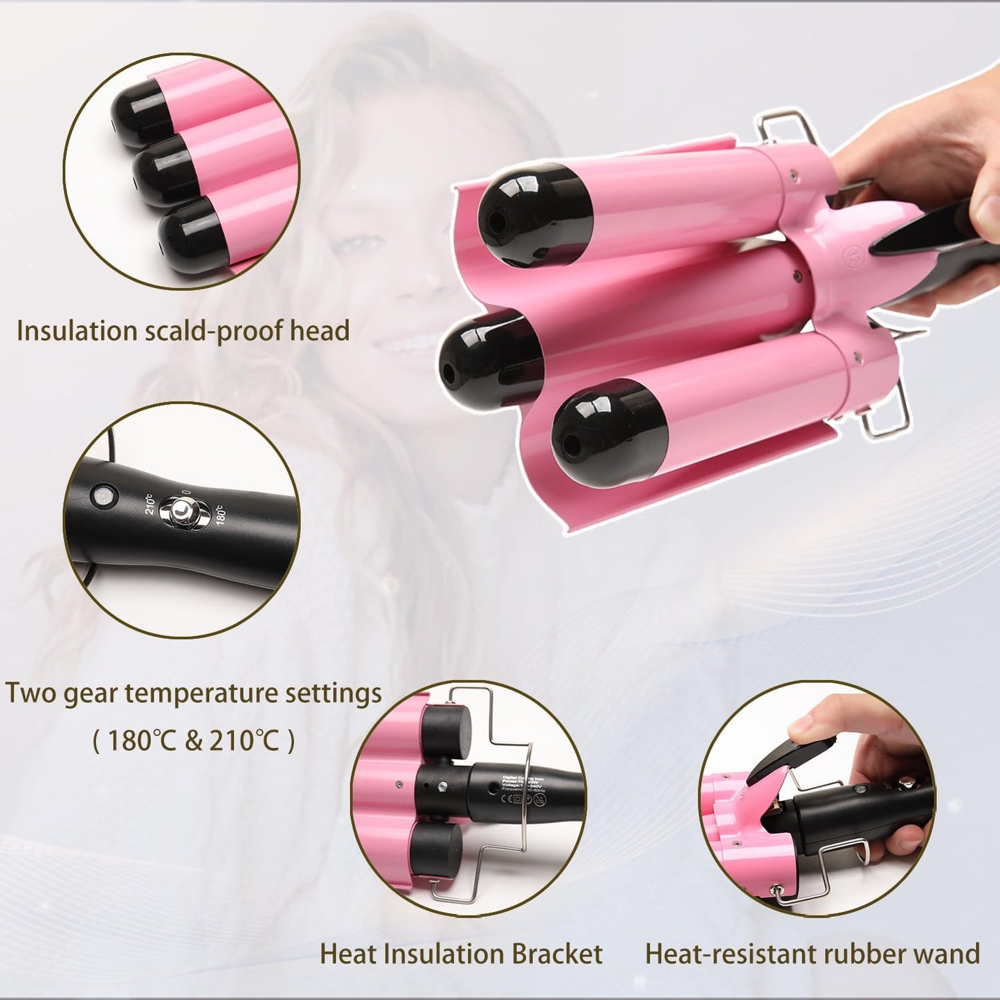 Dopheuor 2024 Newest 3 Barrel Curling Iron Jumbo 1.25 inch (32mm) Hair Curling Wand Crimper Instant Heating Adjustable Hair Curler with 2 Temperature Control, Pink