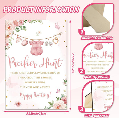 Whaline 51 Pcs Pacifier Hunt Baby Shower Game Include Pink Watercolor Flower Clothes Wooden Sign 50 Pink Plastic Pacifier for Girls Gender Reveal Party Favor Gift Supplies