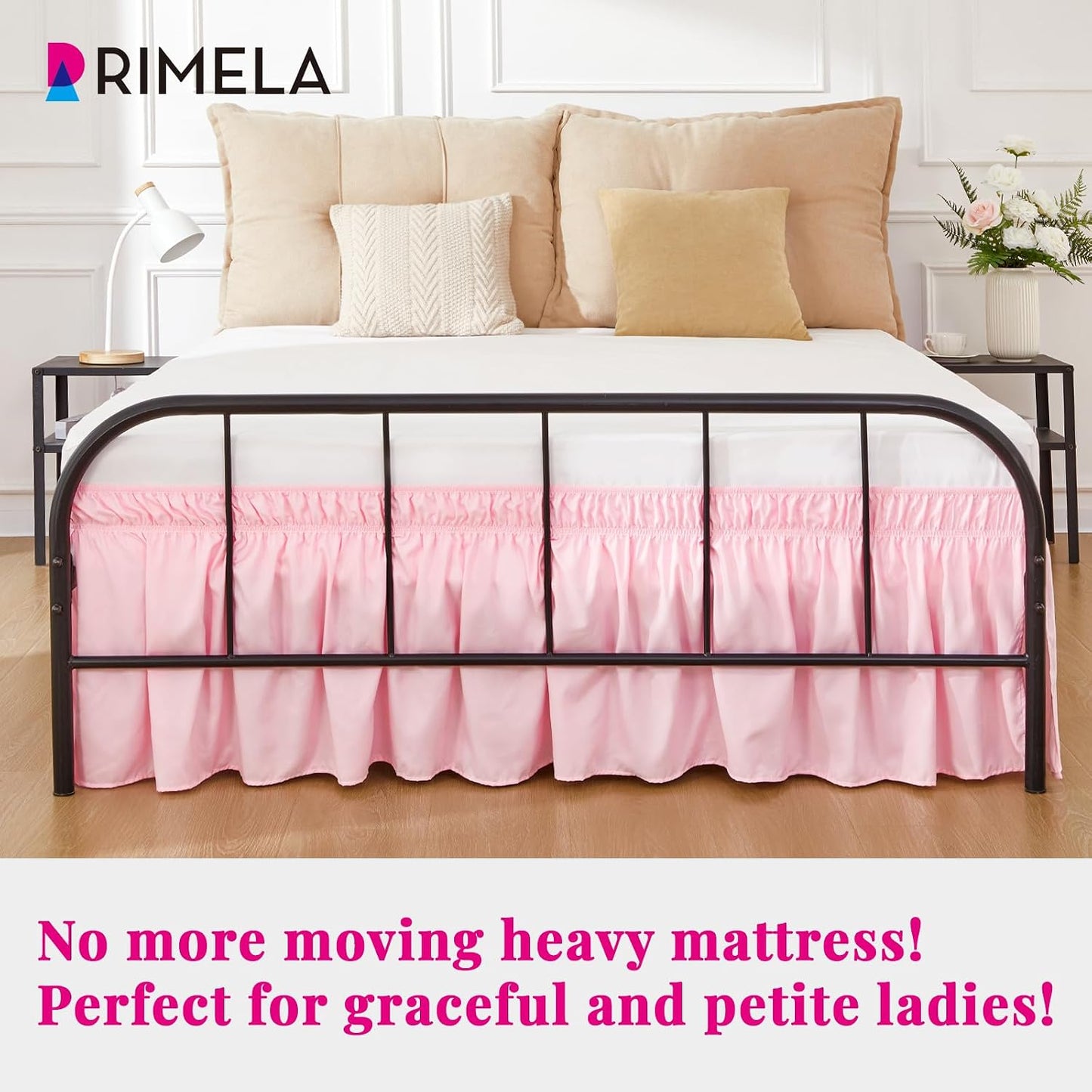 RIMELA Pink Bed Skirt Queen Size 15 Inch Drop Split Corners, Wrap Around Elastic Bedskirt, Dust Ruffle for Adjustable Bed Base Machine Washable Easy to Install Bed Skirts