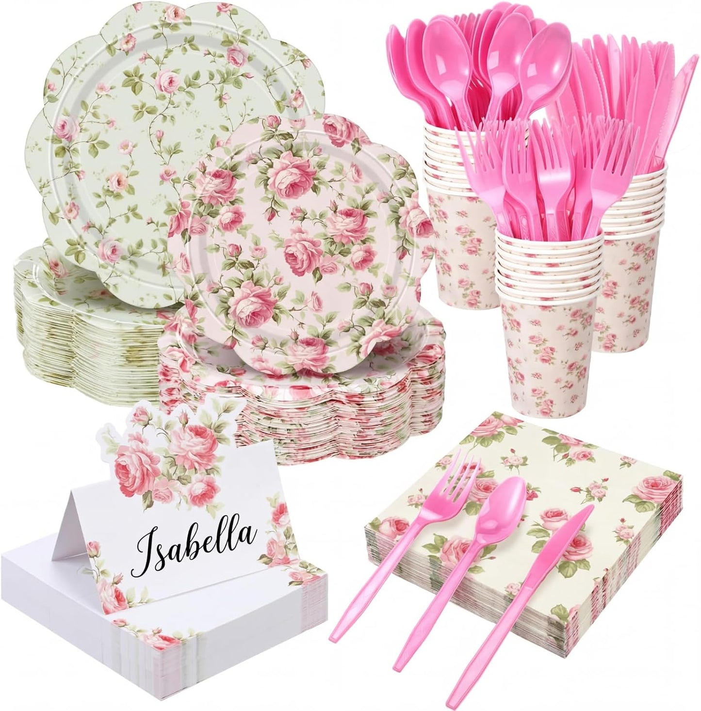 Shellwei 410 Pcs Pink Rose Tea Party Decorations Elegant Floral Paper Plates and Napkins Set Disposable Party Tableware Sets with Cups Knives Forks Spoons Seat Card Favors for 50 Guests