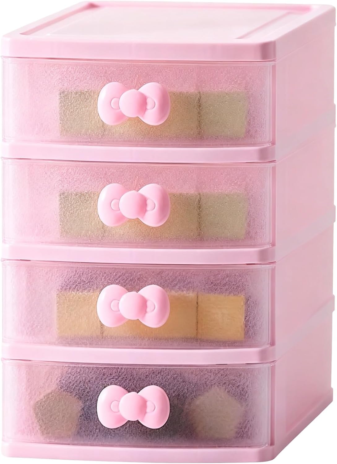 4-Layer Pink Desktop Drawer Organizer, Lovely Pink Storage Box 7.9x6.7x5.1 in, Multi-Layer Stackable Makeup Organizer with Transparent Panel, Bow Handles for Desk Organization