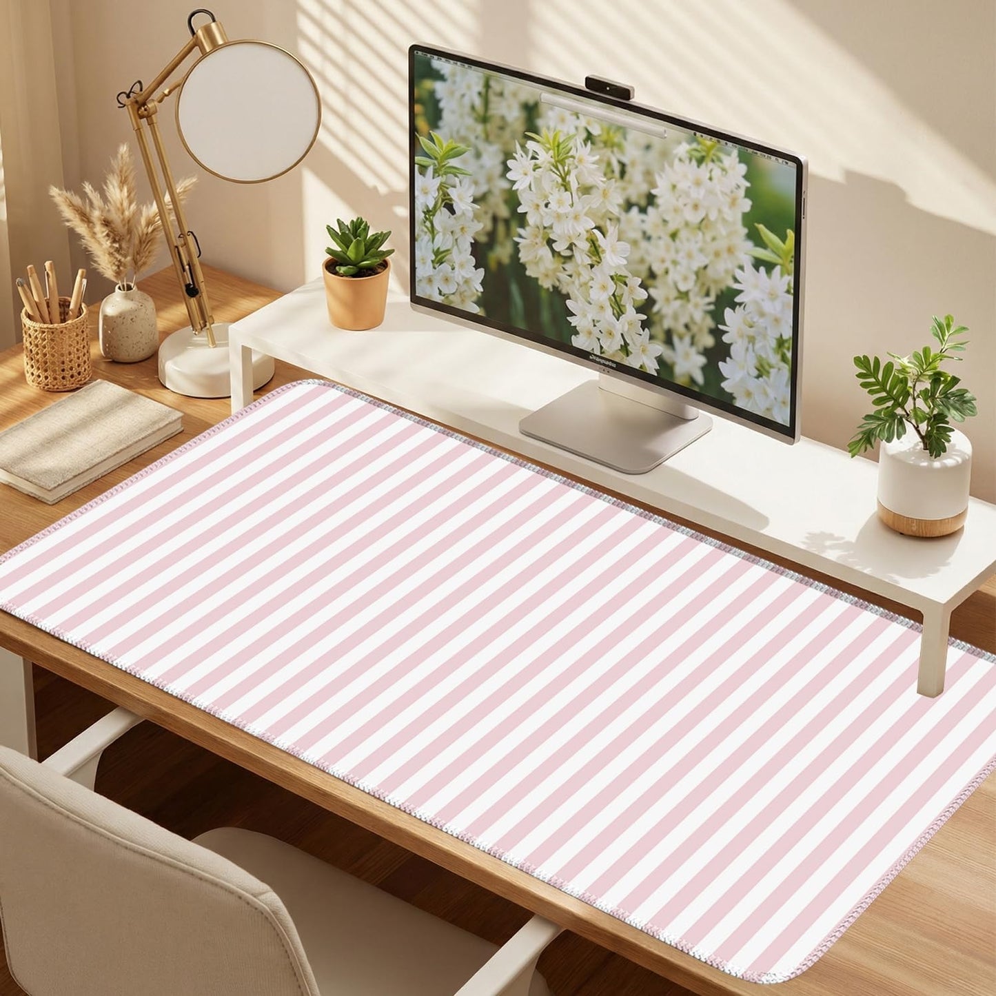 Light Pink Striped Desk Mat Cute Pastel XXL Large Gaming Mouse Pad Desk Pad Kawaii Cozy Aesthetic Keyboard Laptop Computer Mat Home Office Decor for Women