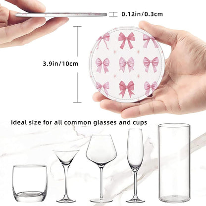 Nine Light Pink Bows Premium Leather Coasters, Set of 6 with Holder, Stylish Beverage Coasters for Kitchen Coffee Bar