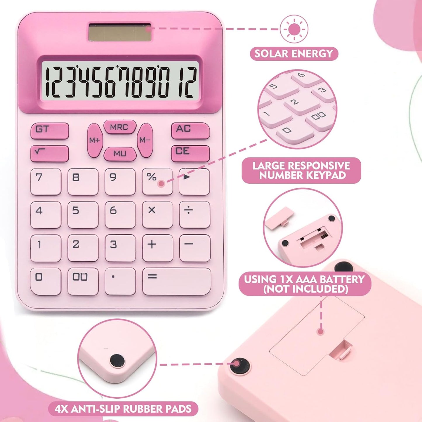 Pink Calculator, Basic Calculator with 12 Digit LCD Display, Pink Office Supplies, Cute Accessories for Office, Home, School, Shop