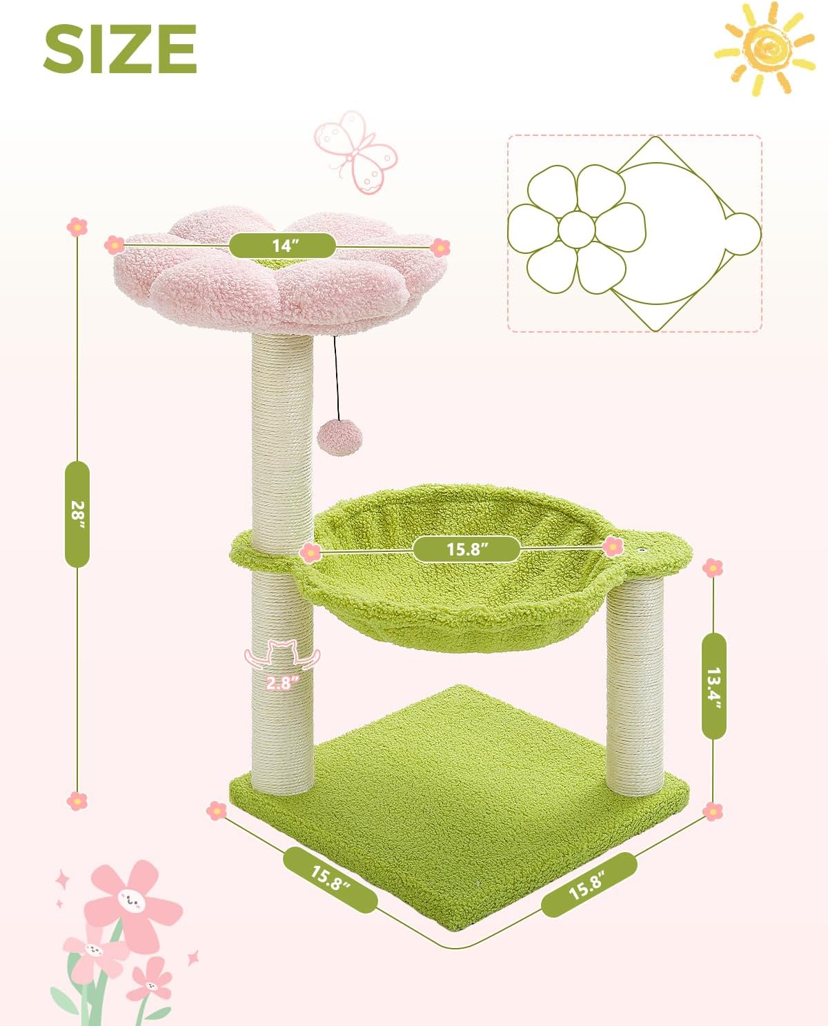 MUTTROS Flower Cat Tree, 28" Cat Tower with Cozy Flower Perch, Large Hammock for Indoor Small Cats, Cute Cat Tree with Sisal Scratching Post and Fur Toy Ball for Kittens, Pink