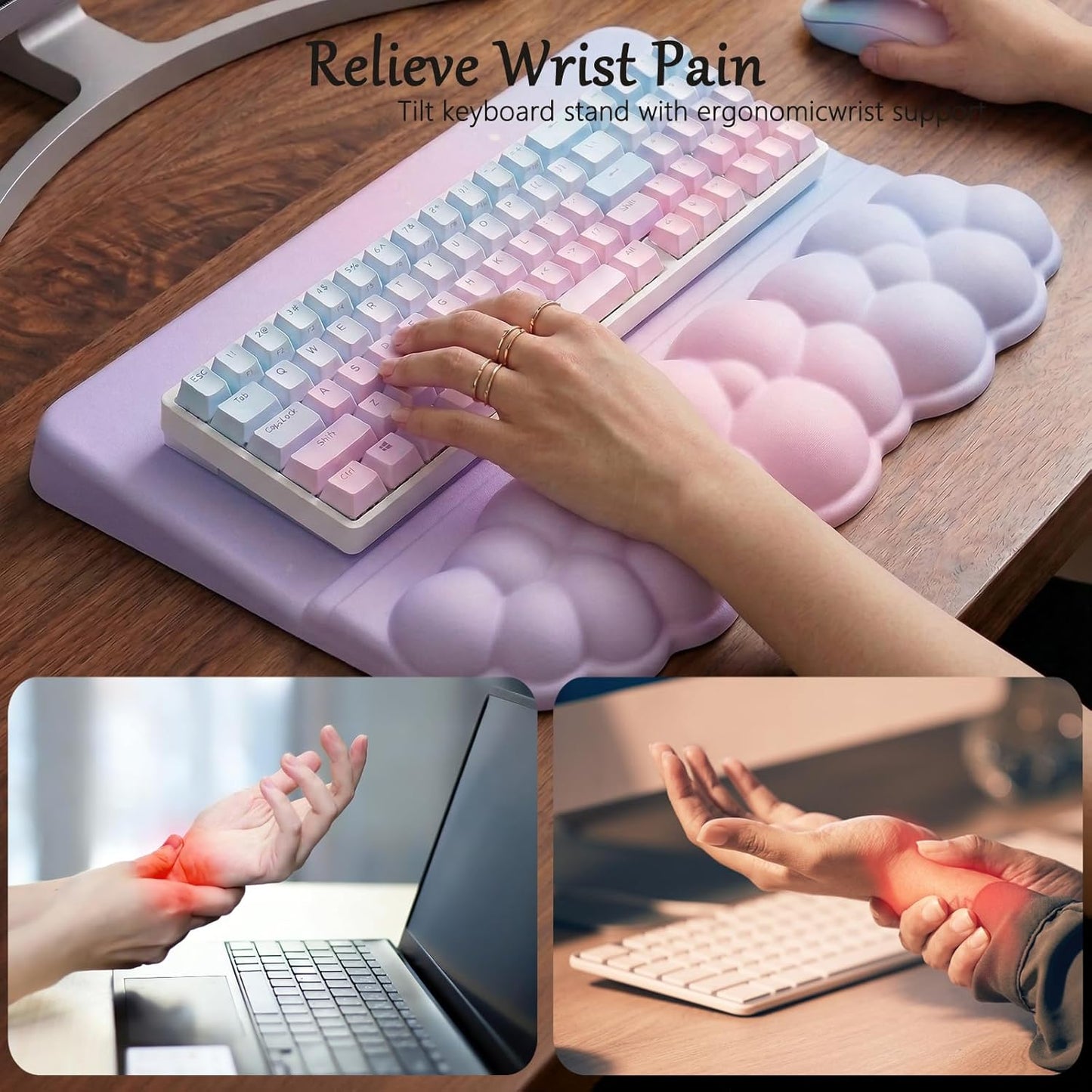 Computer Keyboard Stand Pad with Wrist Rest Colorful Cloud Keyboard Pad Support with Comfortable Rainbow Wrist Pad Cute Ergonomic Tilted Keyboard Riser Holder for Desktop Office Home Pink Purple Blue