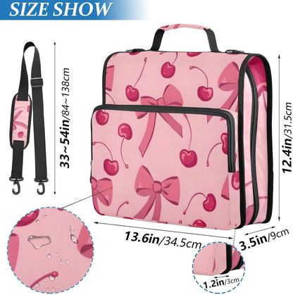 Bow Cherry Pink Zipper Binder Bag 3 Ring Binder with Shoulder Strap Zip Up 500 Sheets Capacity Multi Pockets for School Office Supplies