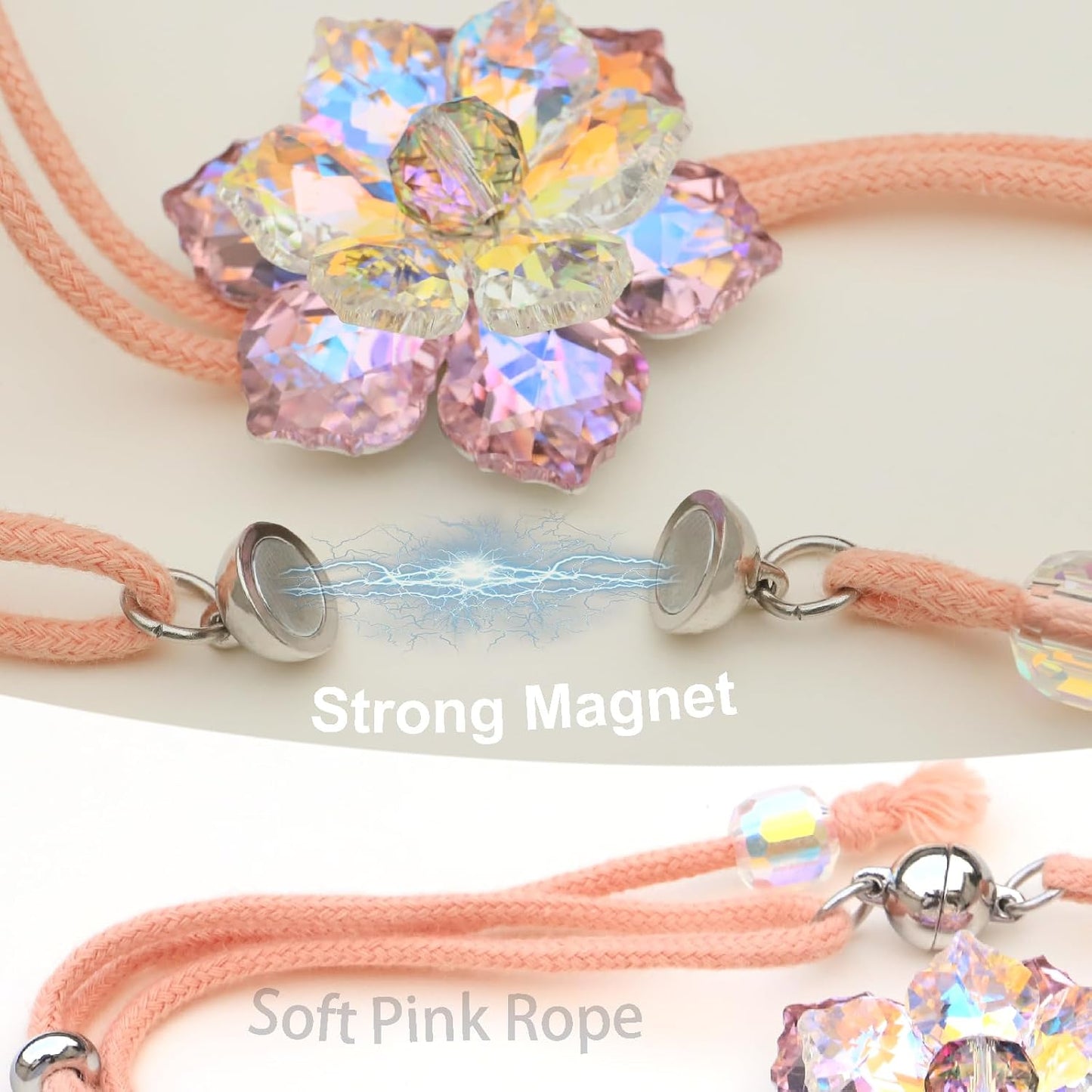 Magnetic Curtain Tiebacks, Crystal Flower Adjustable Rope Curtain Tie Backs, 2 Pack Boho Farmhouse Drapes Sheers Holdbacks for Window Home Decor (Pink)