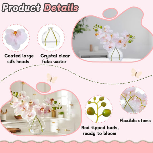 ucky Artificial Pink Orchid in Glass Vase with Faux Water, 11" Small Silk Phalaenopsis Arrangement with Realistic Red Tipped Buds & Flexible Stems, Lifelike Fake Flowers for Table Centerpiece Decor