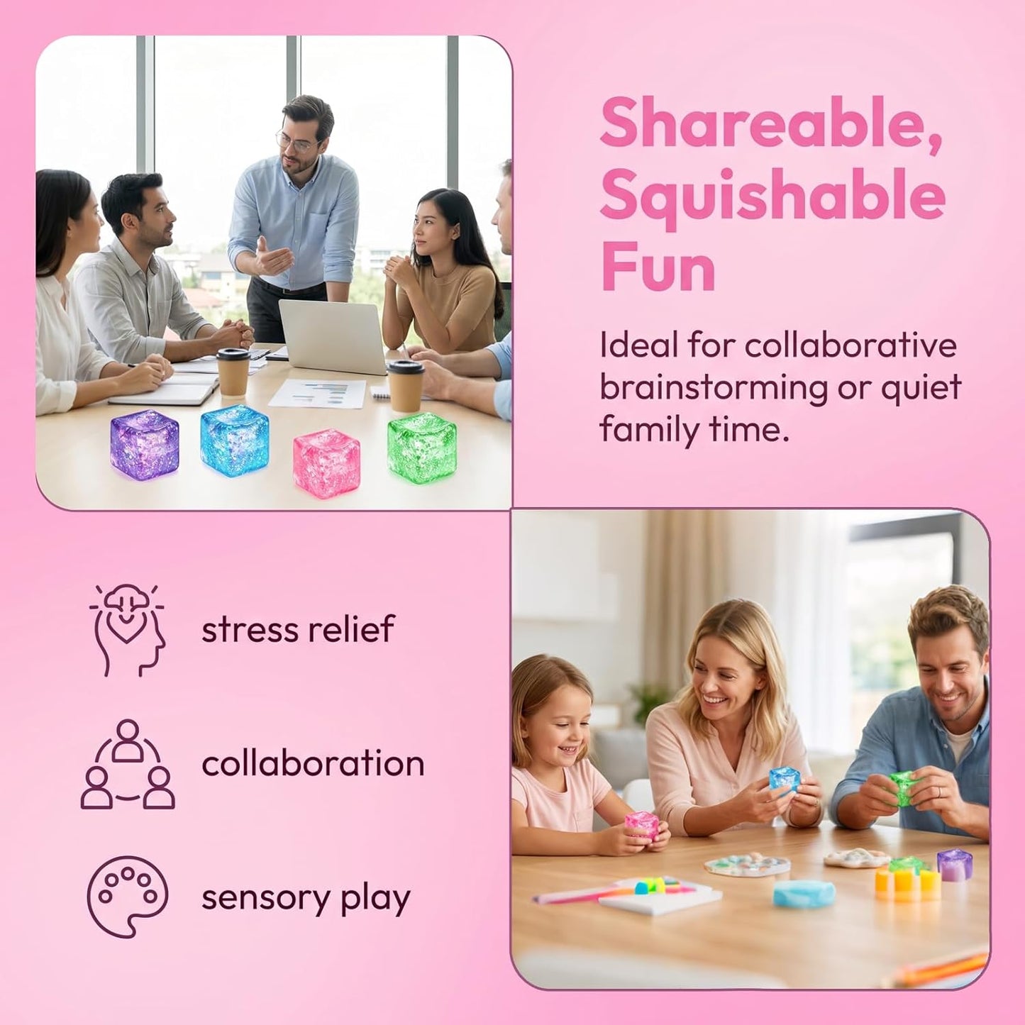 Glitter Ice Cube Squishy Fidget Toys, Squishy Cube Stress Balls for Adults & Kids, Slow Rising Stress Relief Toys, Squeeze Ball Filled with Thick Substance and Glitter (Pink)