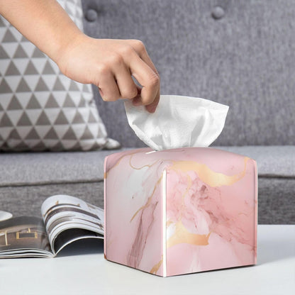 Pink Rose Gold Marble Print Leather Tissue Box Square Tissue Holder with Bottom Belt Convenient Tissue Box Organizer for Tabletop Bathroom Office Decor