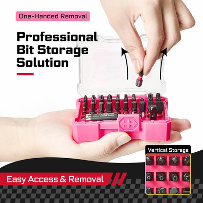 Geinxurn 32Pieces Impact Screwdriver Bits Set, S2 Steel Magnetic Phillips/Slotted/Square/Torx/Hex Muliti Insert Bits Tips Set with Impact Bit Holder and 1/4”Socket Adapter(Pink Storage Box Case)