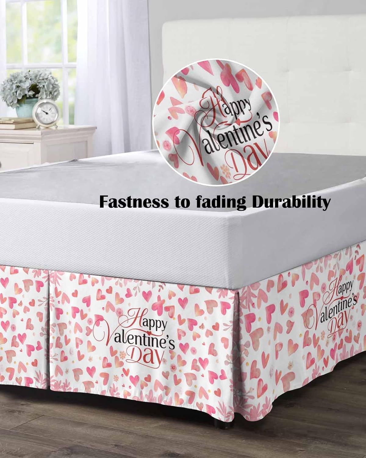 Valentine's Day Bed Skirt Queen Size 16 Inch Drop with Split Corners, Dust Ruffled Pleated Bed Skirts Wrap Around Tailored Bedding Skirt Valance for Bedroom Peach Pink Love Floral Modern Romantic
