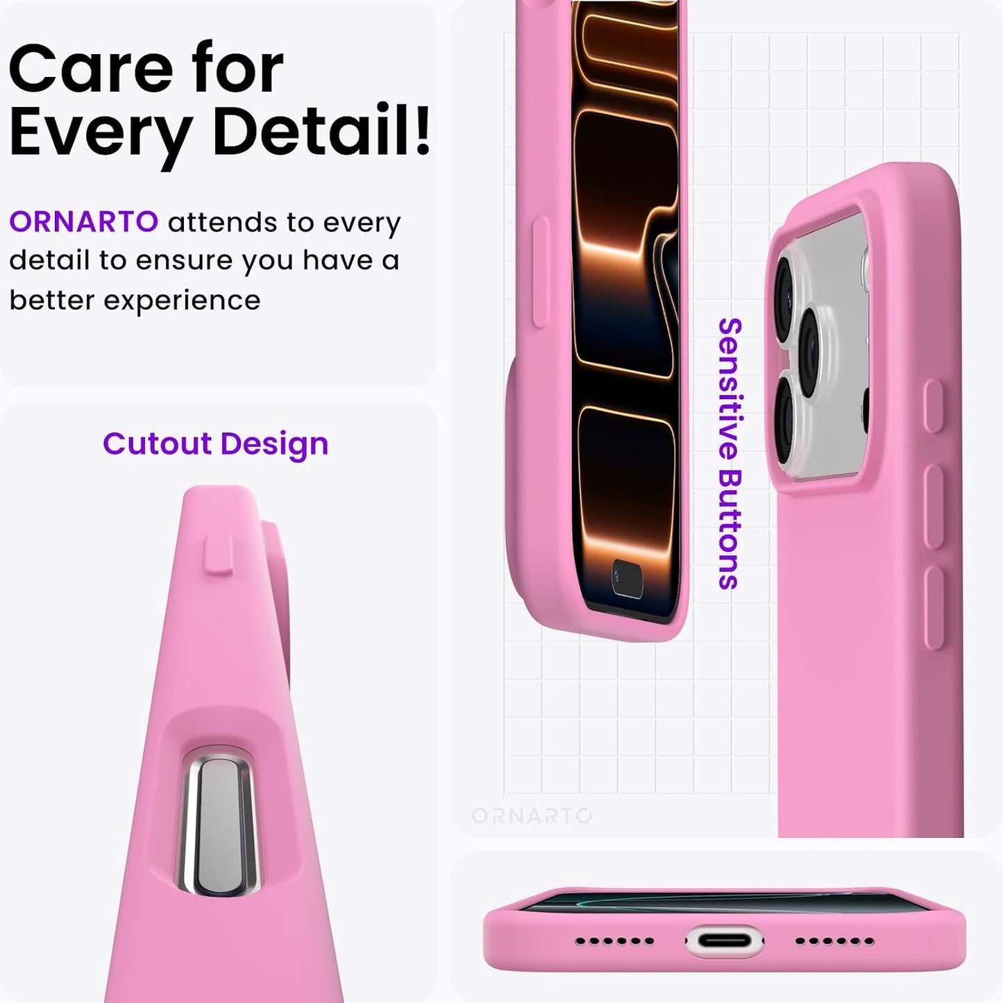 ORNARTO Compatible with iPhone 17 Pro Max Case 6.9", Slim Liquid Silicone 3 Layers Soft Gel Rubber Shockproof Protective Cover with Anti-Scratch Microfiber Lining-Peach Pink