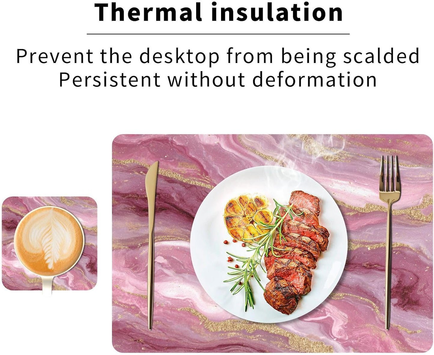 ALAZA Pink Gilded Marble Pattern Placemats for Dining Table, Heat Resistant Placemat Table Mats Place Mats 2 PC and 2 Coaster Washable Table Mats