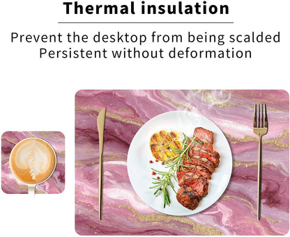 ALAZA Pink Gilded Marble Pattern Placemats for Dining Table, Heat Resistant Placemat Table Mats Place Mats 2 PC and 2 Coaster Washable Table Mats