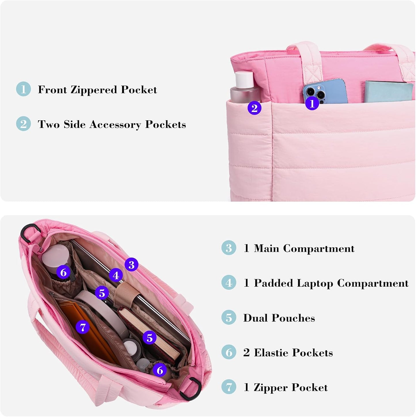 AOCINA Puffer Tote Bag for Women Work Lightweight Puffy Tote Laptop Compartment Quilted Shoulder Handbag for Travel Nurse