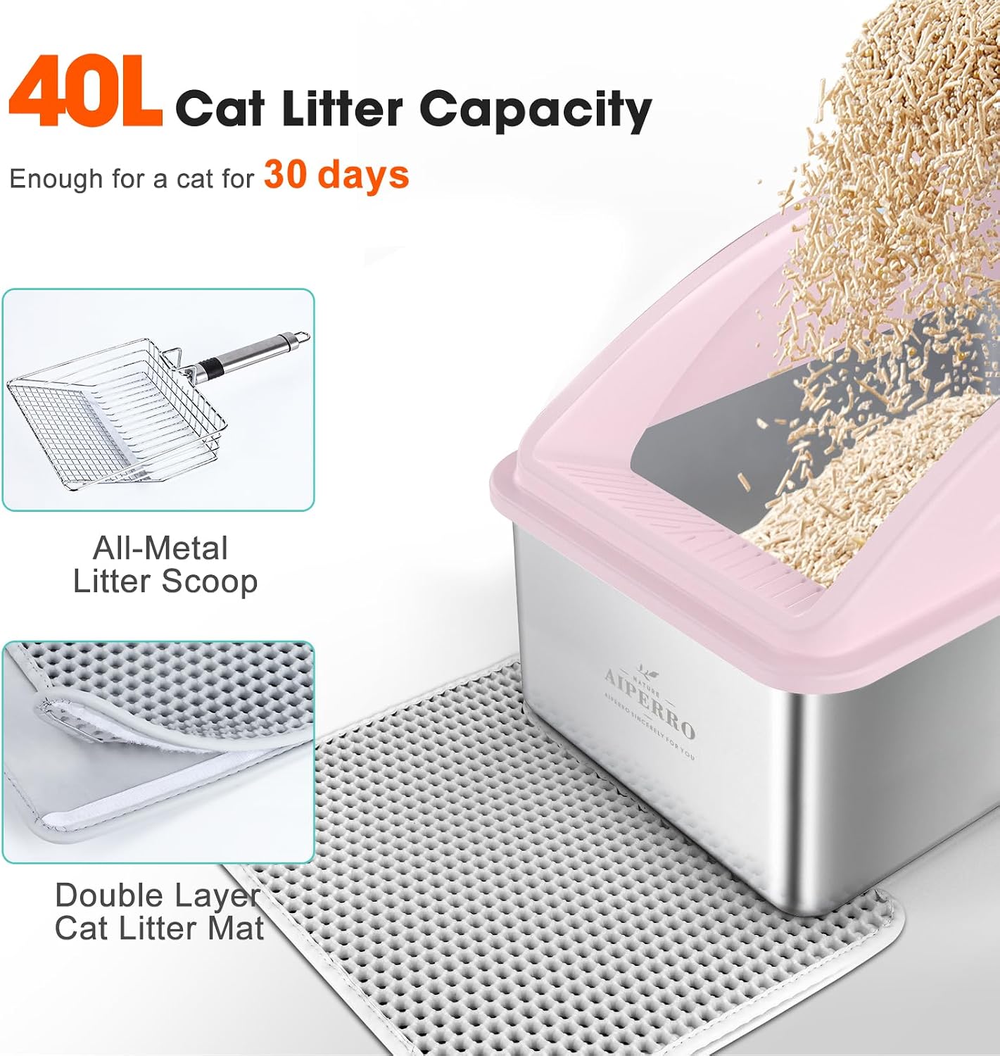 Stainless Steel Litter Box | XXL Deepened 8" Design Enclosed Box with Lid for Big Cats | High Sided, Anti-Urine Leakage | Non-Stick Bottom & Includes Litter Mat & Metal Scoop(Cute Pink)