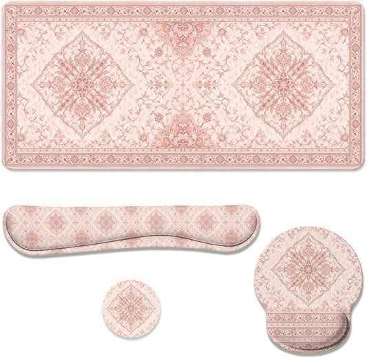 Pink Floral Desk Mat Set Vintage Persian Large Mouse Pad with Wrist Rest 4in1 Desk Mat for Desktop Ergonomic Keyboard Wrist Support Anti-Slip Computer Ergonomic Mouse Pad Home Office Gaming