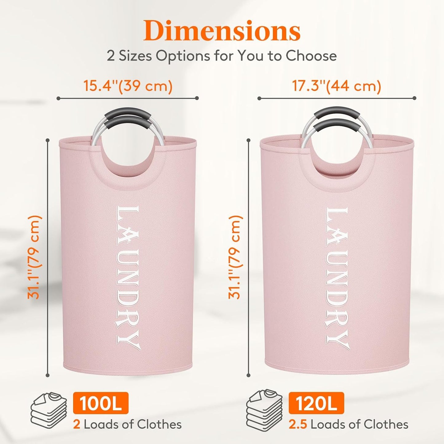 Lifewit 100L 2-Pack Large Laundry Basket, Collapsible Laundry Hamper with Aluminum Handles, Waterproof Freestanding Dirty Clothes Hampers for Laundry Room Bedroom Dorm Bathroom, Pink