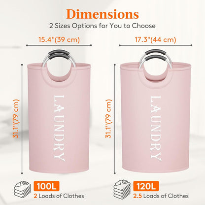 Lifewit 100L 2-Pack Large Laundry Basket, Collapsible Laundry Hamper with Aluminum Handles, Waterproof Freestanding Dirty Clothes Hampers for Laundry Room Bedroom Dorm Bathroom, Pink