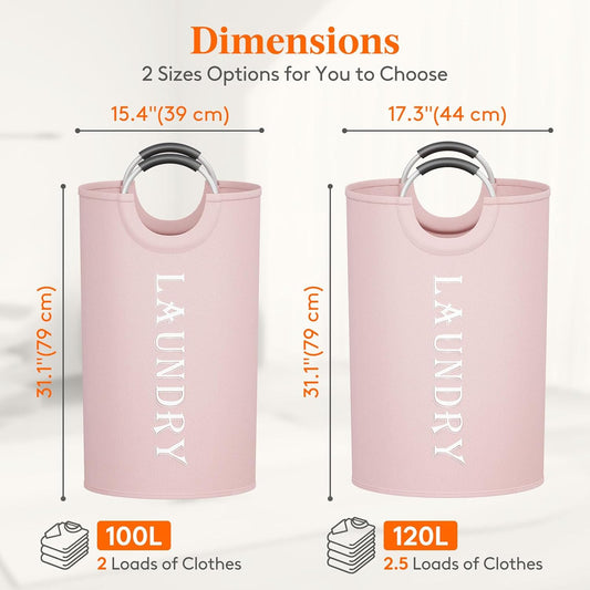 Lifewit 100L 2-Pack Large Laundry Basket, Collapsible Laundry Hamper with Aluminum Handles, Waterproof Freestanding Dirty Clothes Hampers for Laundry Room Bedroom Dorm Bathroom, Pink