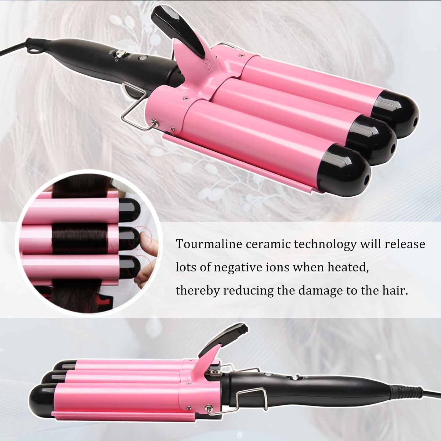 Dopheuor 2024 Newest 3 Barrel Curling Iron Jumbo 1.25 inch (32mm) Hair Curling Wand Crimper Instant Heating Adjustable Hair Curler with 2 Temperature Control, Pink