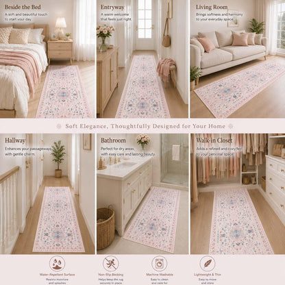 LIVEBOX Washable Runner Rug 2x6, Pink Floral Bedroom Runner with Non Slip Backing, Boho Soft Accent Rug for Hallway, Closet, Small Apartment