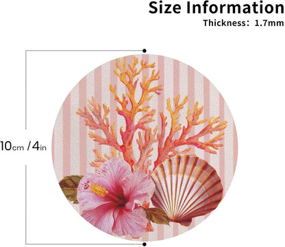 Light Pink Scallop Shell Hibiscus Flower Drinks Coasters Set of 4 Leather Drink Coasters for Tabletop Protection Heat Resistant Bar Cup Mat Pad