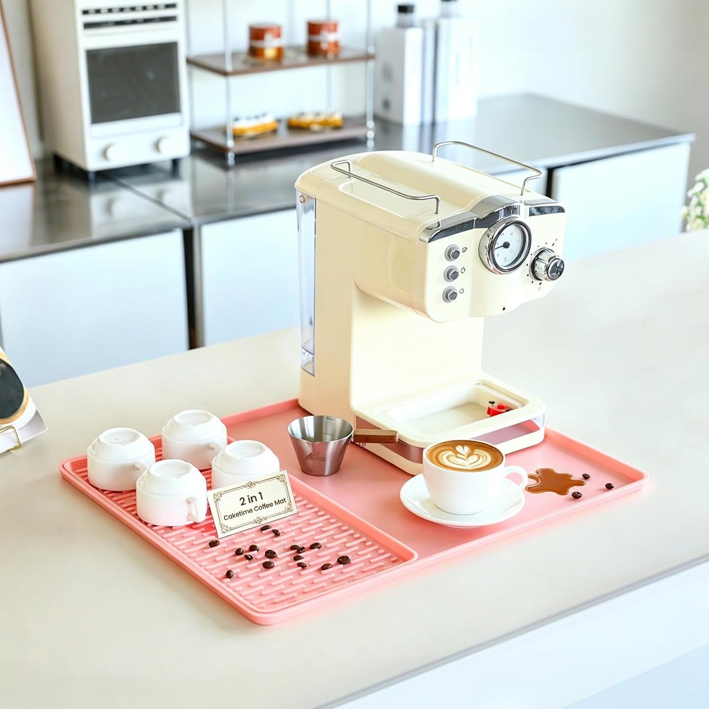 CAKETIME 2 In 1 16"x20" Silicone Coffee Bar Mat Accessories for espresso Machine with Detachable Dish Drying Mat Easy to Clean Kitchen Cafetera Barista Tools Pink Room Decor Cut Girls Gifts