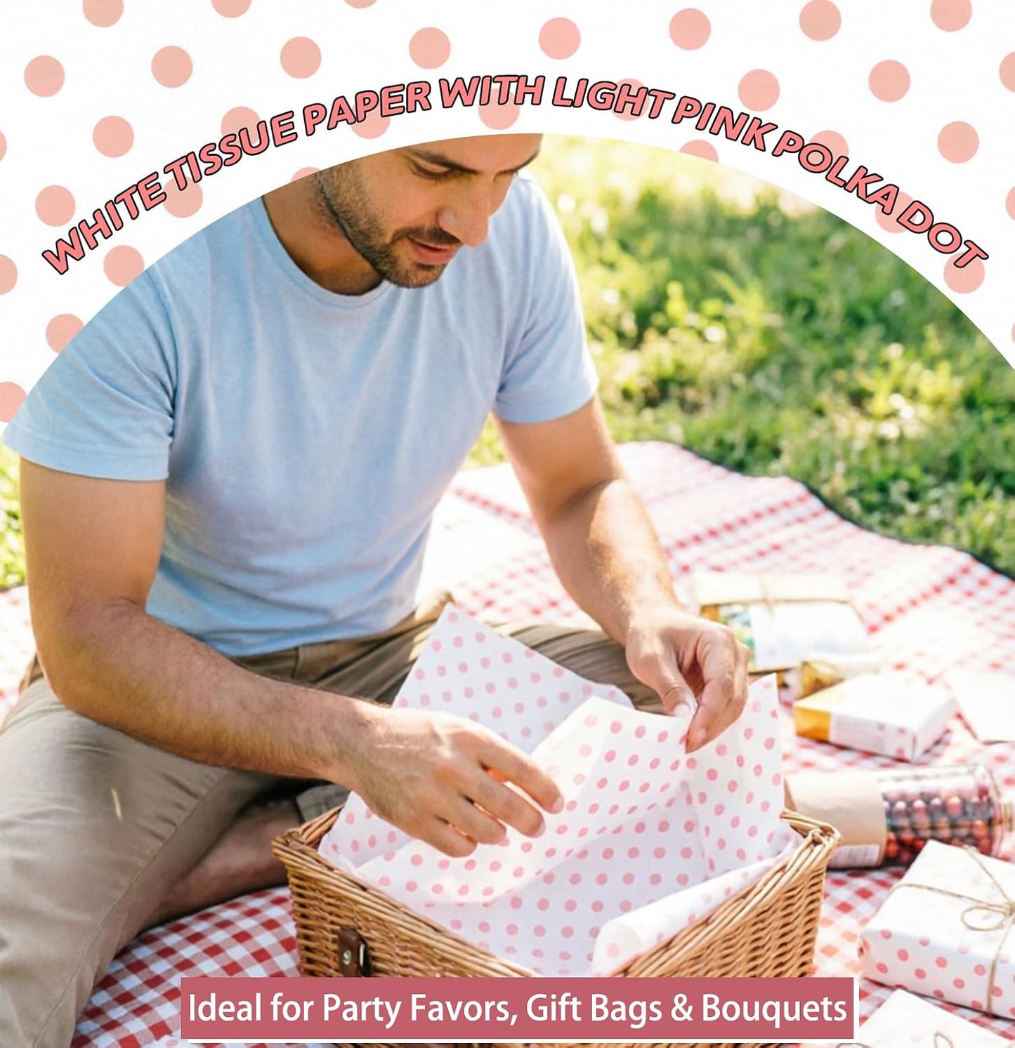 MUNILAIL 100 Sheets Light Pink Polka Dot Tissue Paper 14 x 20 Inches Pink and White Tissue Paper Dot Printed Gift Wrapping Paper for Birthday Wedding Baby Shower Gift Packing DIY Crafts
