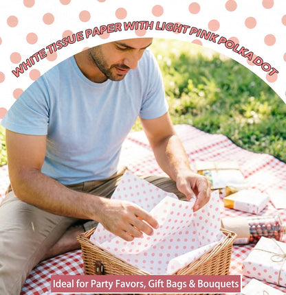 MUNILAIL 100 Sheets Light Pink Polka Dot Tissue Paper 14 x 20 Inches Pink and White Tissue Paper Dot Printed Gift Wrapping Paper for Birthday Wedding Baby Shower Gift Packing DIY Crafts